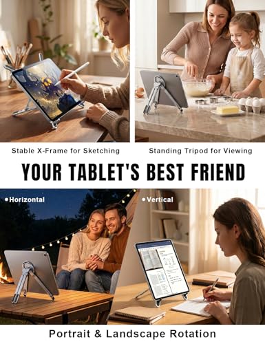 Image of 4-in-1 Foldable Laptop Stand & Magnetic Phone Holder, Silver Aerospace Aluminum Portable Desk Mount with N52 MagSafe Compatible Tripod Handle for MacBook Pro, iPad, Travel & Vlogging