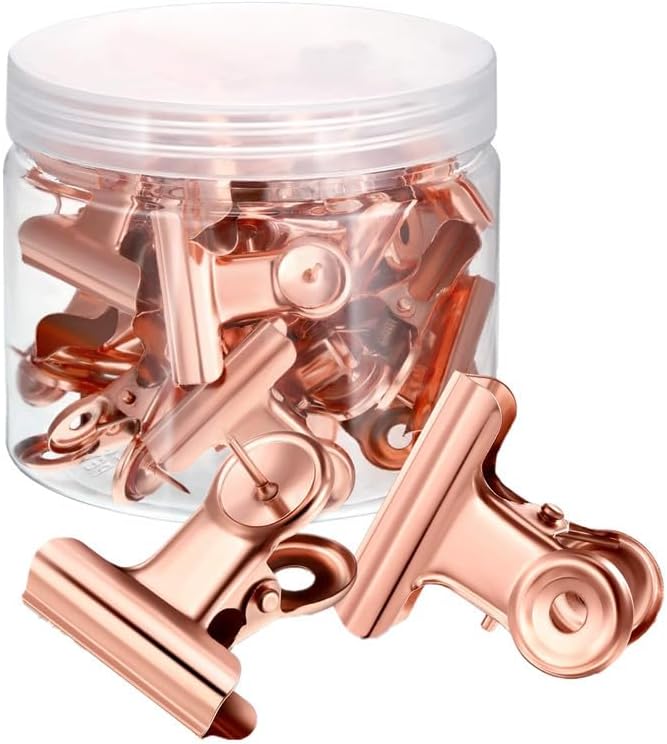 Bulldog Clips with 35pcs Push-pin, Paper File Clips with Strong Spring, Small Metal Binder Clips, Seal Clamps for Coffee Tea Food Bags, Decorative Clips for DIY Photo Grid 22mm 35 Pack (Rose Gold)