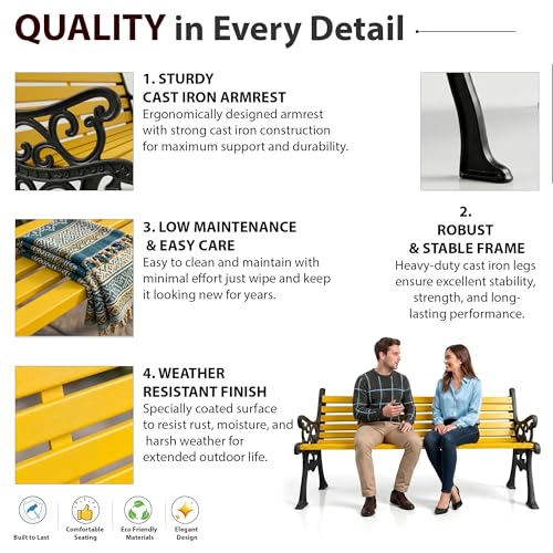 Image of BRISHI 3 Seater cast Iron Garden Bench for Indoor & Outdoor Park /Patio /Living Room /Terrace /Balcony (White) (Black + Yellow)