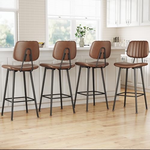Image of Raynesys 29-Inch Leather Bar Stools Set of 4 with High Backrest, Dark Brown