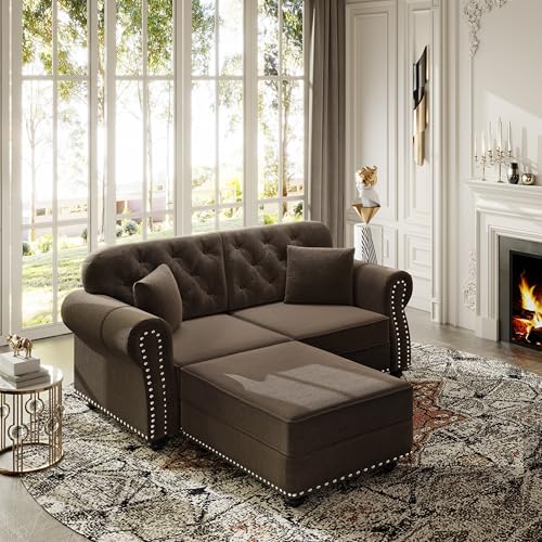 Image of KEIKI 63 inch Velvet Chesterfield Sofa with Rolled Arms & Nailhead Trim & 1 Ottoman, Modern 2-Seater Button Tufted Couch with High Resilience Cushion & 2 Pillow, Easy Assembly, for Living Room, Brown