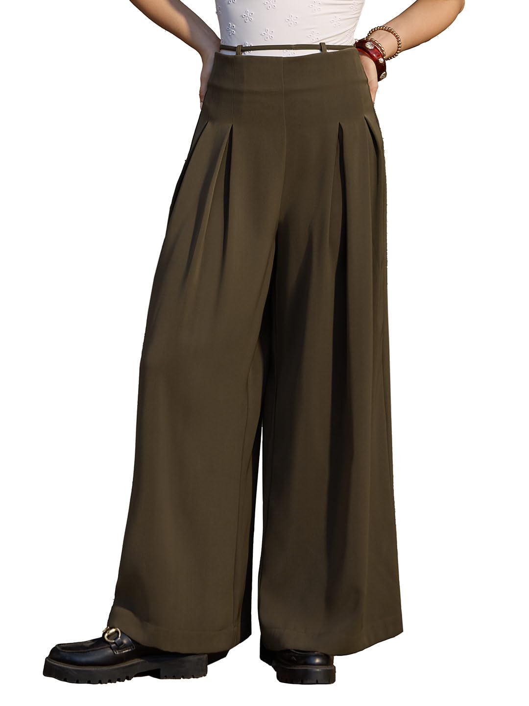 The Souled Store All-Day Pants: Women and Girls Solid Polyester Wide Leg Fit Lightweight Easy to Style Everyday Office Wear Pleated Front Wide Leg Pants in neutral