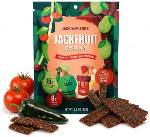Jack & Friends Jackfruit Jerky Tomato & Poblano Pepper - Plant Based Vegan Jerky Snack, Healthy Meatless Jerky Alternative - 15g Protein, 9g Fiber, Gluten Free, Soy Free, Low Sugar - 2.2 oz (1 Pack)