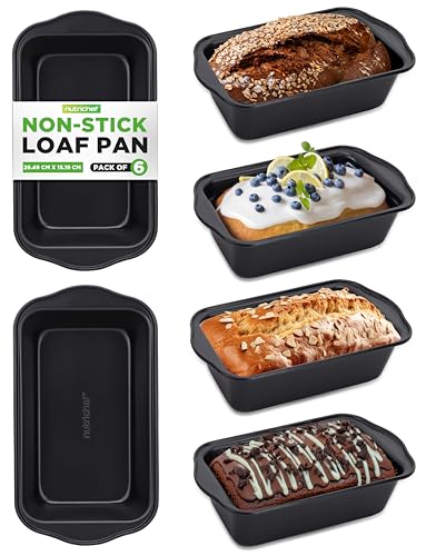Nutrichef Loaf Tin for Baking 6-Pack, 2lb Nonstick Banana Bread Tin Pan, Rectangular Small Bread Tray, Cake Loaf Tins Pans with Grip Handles, Heavy Duty Carbon Steel Bakeware, 29.5 x 15 x 6.5 cm