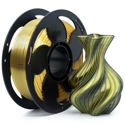 1.75mm PLA Filament Silk Dual Bi Color Black Gold, Coextrusion 3D Printer Filament with Shiny Silk Rainbow, 1kg (2.2lbs) Spool Neatly Wound Smooth Color Transition 3D Printing Rods