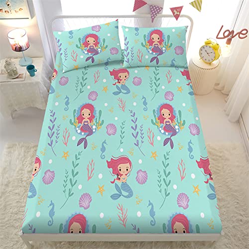 Jeyfull Mermaid Twin Bed Sheets For Girls Kids Fish Scale Aqua Fitted Sheet 2 Pcs Underwater Seahorse Shell 3D Print Flat Sheet With Pillowcase #TOP2