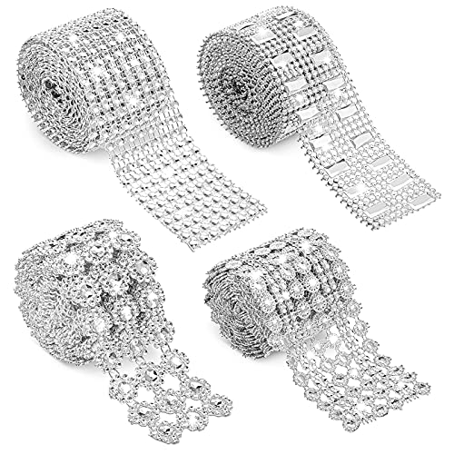 WILLBOND 8 Yards 4 Rolls Bling Crystal Rhinestone Ribbon Silver Bling Rhinestone Diamond Flower Shape Mesh Ribbon Lace Decor for Cake Crafts DIY Wedding Birthday Party Decorations Phone Car Supplies