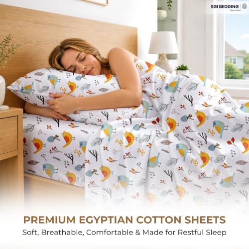 Image of SGI bedding RV Short Queen Sheet Set 60x75, 600 TC Egyptian Cotton, 4 Piece Luxury Hotel Collection, Ultra Soft & Breathable, Fits RV Mattress Camper & Trailer, 15 Inch Pocket, Spring Bird