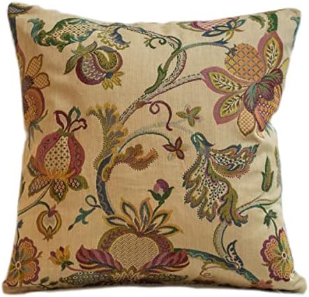 Traditional Tea Rose Heavyweight Tapestry Double Sided Cushion Cover. 17"x17" Square Pillow Cover. Victorian style floral botanical design leaves and flowers. Vintage colourway.