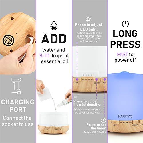 Happtws 500Ml Essential Oil Diffuser Set - Cold Mist Humidifier And Diffuser 2-In-1, 4 Timers And 7 Color Settings, No Water Auto Shut Off, Suitable For Room, Yoga Room, Office #TOP5