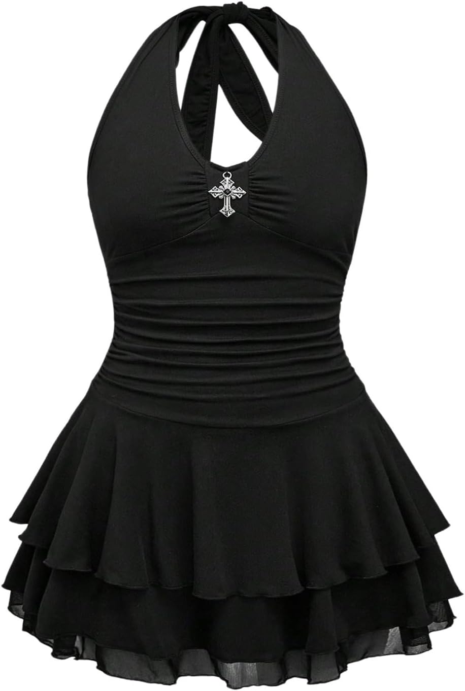 Women's Plus Size Y2k Goth Mini Dress Grunge Punk V Neck Tie Back Halter Short Dresses Gothic Halloween Costumes