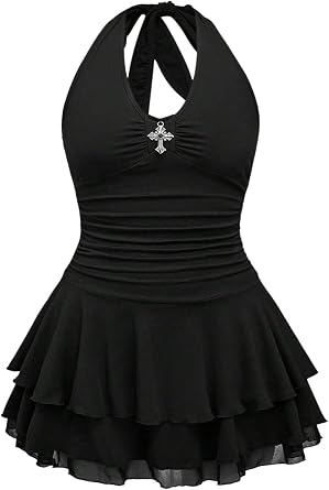 BEAUDRM Womens Y2k Goth Mini Dress Grunge Punk V Neck Tie Back Halter Short Dresses Gothic Halloween Costumes