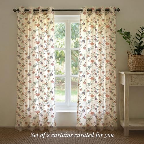 Image of Urban Space 100% Cotton Curtains for Door,60-65% Room Darkening Cotton Decorative Curtains 8 feet Long with Stainless Steel Rings,Set of 2 Curtains with Tieback (Passion Flower Peach, Door 8 Feet)