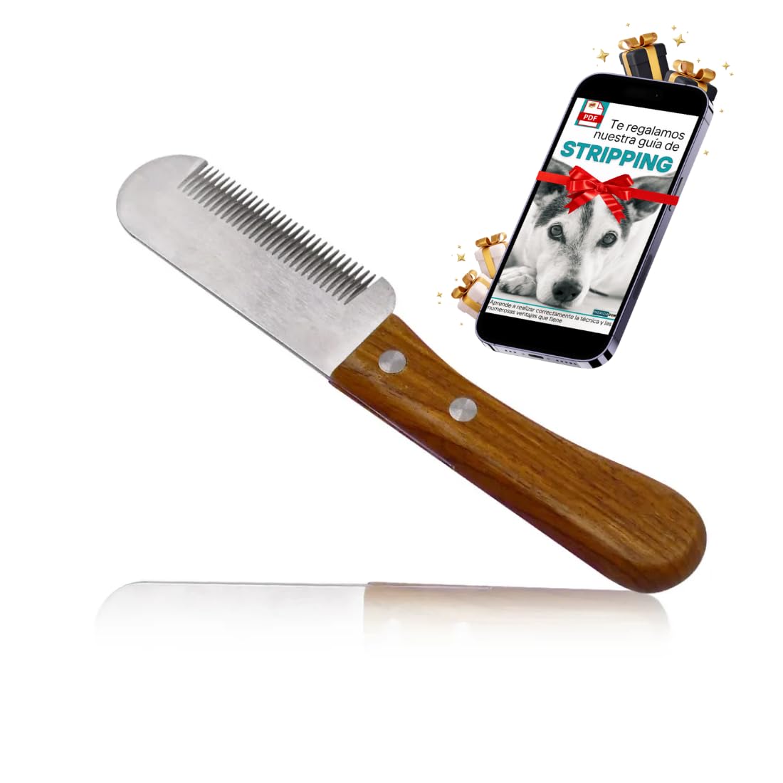 PEINE + GUÍA REGALO – Cuchilla Cepillo quita pelos de 38 dientes para perros. Súper cuchilla Stripping, deslanar, cuchillo para perros grandes y medianos. Peine para quitar pelos