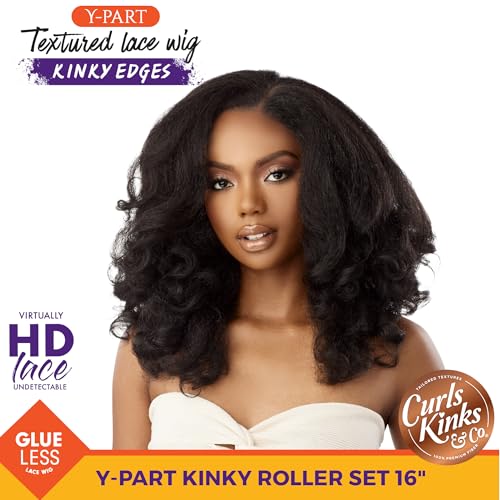 Sensationnel Curls Kinksandco Kinkyedges Wig - Kinky Roller Set 16 Inch Y Part Lace Natural Kinkytexture Edged Hairline for Natural 3C to 4C Hair Textures (1 JETBLACK)