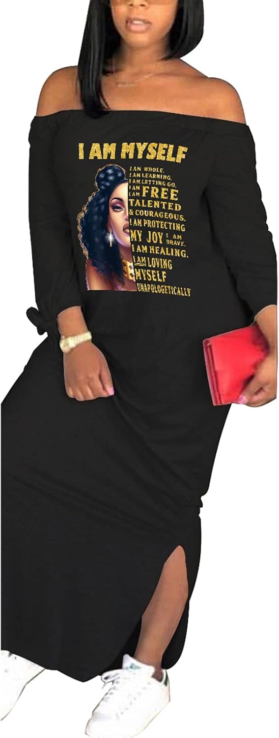 Women's Casual Off Shoulder Maxi Dress - African Print Summer Loose Long Sleeve Tunic T Shirt Dresses with Pockets