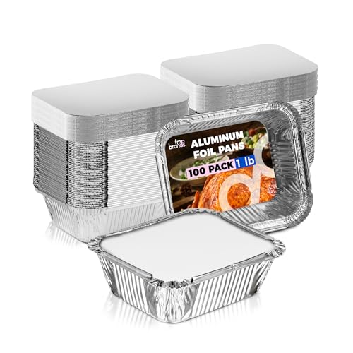 Fit Meal Prep 100 Pack 1 lb Small Aluminum Foil Pans with Lids, Disposable Take Out Food Containers with lids for Freshness and Spill Proof, Disposable Cookware for Catering, Restaurants