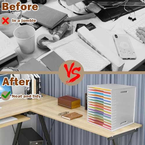Image of 15 Tier Scrapbook Paper Organizer 12.4 inch X 12.4 inch,Desktop File Sorter Storage Desktop Paper Holder,White Cardstock A4 Sorter Storage Rack, Scrapbook Table Organizer for Home Office