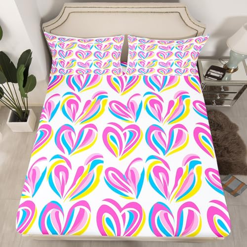 Love Hearts Fitted Sheet Full Size 3 Pcs,Romantic Couples Lovers Colorful Collections(No Flat Sheet),Watercolor Heart Hippie Graffiti Bedding Deep Pocket for Kids