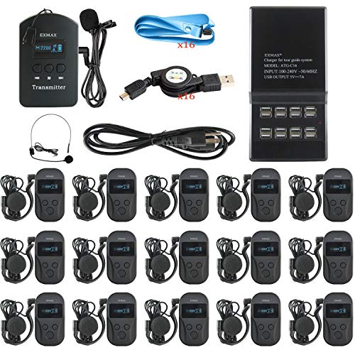 EXMAX EXD-101 Sistema inalámbrico de transmisión de voz manos libres 2.4G con 9999 canales para iglesias, bodas y presentaciones (1 transmisor, 15 receptores y base de carga de 16 puertos) miniatura 1