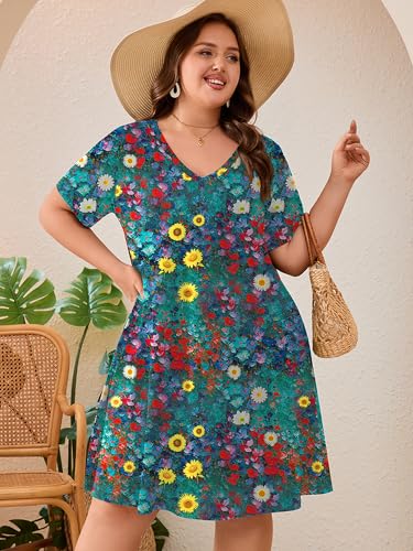 Image of AusLook Plus Size Midi Dress for Women Loose V Neck Short Sleeve Summer Casual A Line T Shirt Sundresses with Pockets 1X-5X