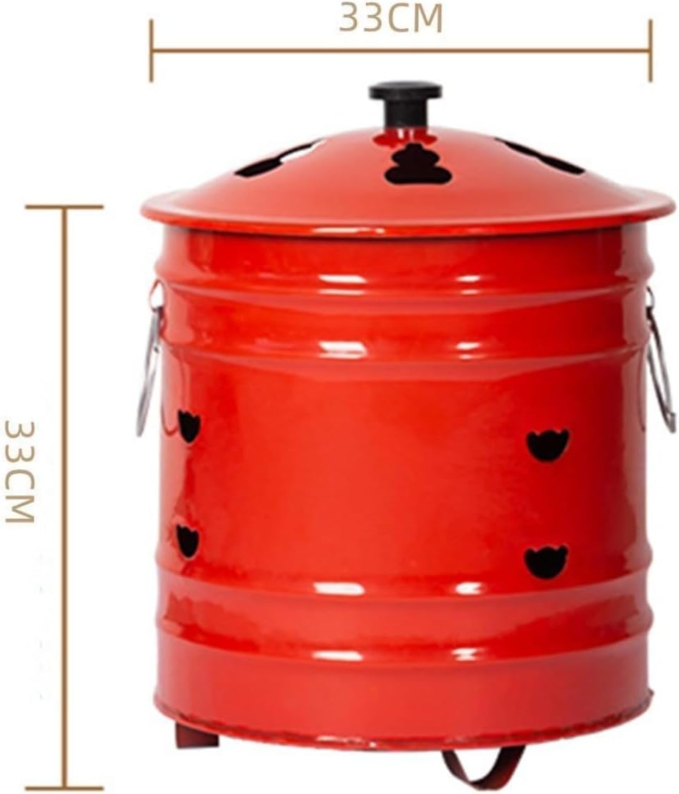 蓋とハンドル付きの家庭用焼却炉、紙、葉、木質廃棄物用の模様付き燃焼バケツ (レッド, 33*33CM)