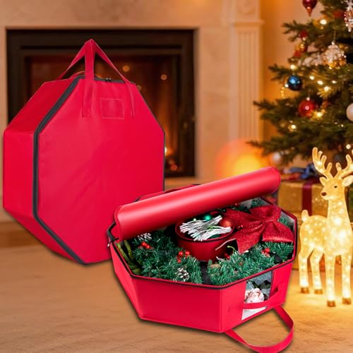 BrilliantJo 2 Pack Wreath Storage Christmas Garlands Bag with Interior Pockets Large Xmas Container Box for holiday Decorations Case with Dual Zipper and Handles Window Labeling Card Slot 24" Red