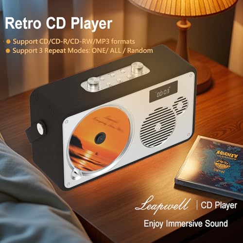 Image of Home CD Player Portable | Premium HiFi CD Stereo System | Retro Leather Bluetooth Speaker | FM Radio /USB /AUX | Rechargable Battery, DSP Clear and Rich Sounds, Remote Control (LP-103)