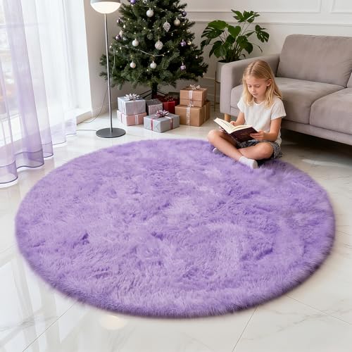 Purple Fluffy Round Area Rugs for Bedroom,4'X4'Shag Circle Area Rugs for Girls Room,Non Slip Fuzzy Plush Rug for Kids Room Living Room and Dorm Home Decor Rug
