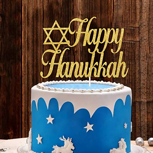 Gold Glitter Happy Hanukkah Cake Topper, Jewish Festival Cake Decor, Chanukah Holiday Party Decoration Supplies, Hanukkah Star Of David Decor #TOP3