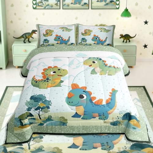 Feelyou Cartoon Dinosaur Kids Comforter Set Twin Size Tree Pattern Bedding Set Cute Cartoon Duvet Quilt for Kids Boys Girls Bedroom Decor Microfiber Ultra Soft Breathable