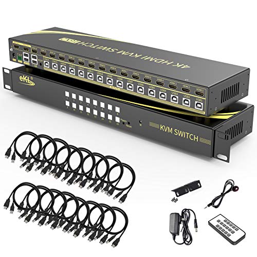 Huasion KVM Switch 16 Port HDMI 2.0 KVM Switch Supports Hotkeys Switching 4K@60Hz 4:4:4 1080p 3D 16 PCs Laptops Sharing with One Set of Keyboard and Mouse