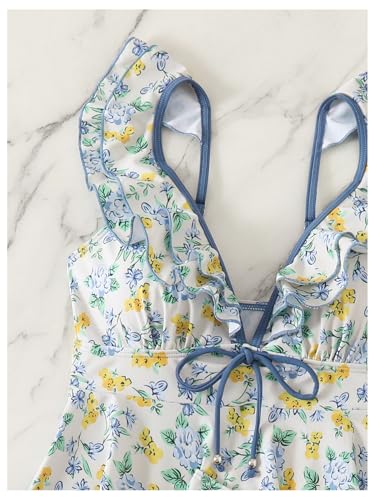 SweatyRocks Women's Floral Print Tankini Set Ruffle V Neck High Waisted Swimsuit Swimwear4