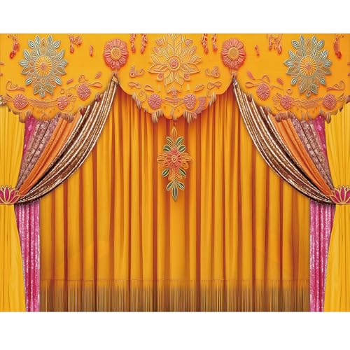 Image of Indian Backdrop 10x8ft India Pooja Marigold Yellow Curtain Photography Background for Wedding Diwali Traditional Festival Party Decorations