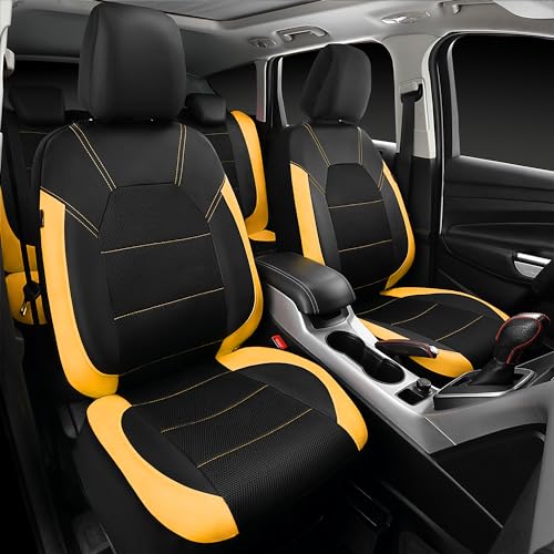 Image of CAR PASS Leather Seat Covers, Breathable Universal Car Seat Cover Full Set for Cute Women Girly,5mm Composite Sponge Inside,Airbag Compatible Fits Most Auto,SUVs,Trucks,Vans(Full Set,Black&Yellow)