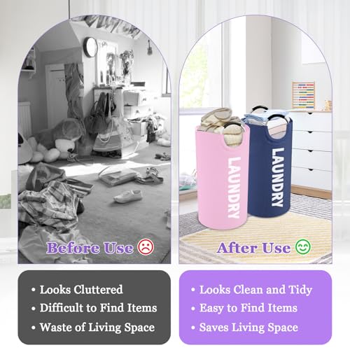 Image of 2Pcs Folding Laundry Basket for Adult, 95L Portable Laundry Baskets with Aluminum Handles, Multi-functional Dirty Clothes Hampers for Bedroom, Travel, Navy Blue + Pink