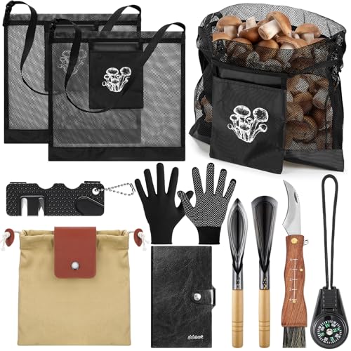 Bulyoou 9 Pcs Mushroom Foraging Kit Includes Hunting Bag Shroom Knife with Brush Gloves 2 Shovel Tools Sharpener Waxed Canvas Foraging Bag Notebook and Compass for Mushroom Lovers Xmas Gifts