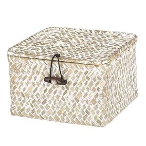Hipiwe Wicker Shelf Baskets with Lid Handwoven Seagrass Storage Box Decorative Basket Bin Household Organizer Bin for Shelf Bathroom Coffee Table Decor Organizer, X-small