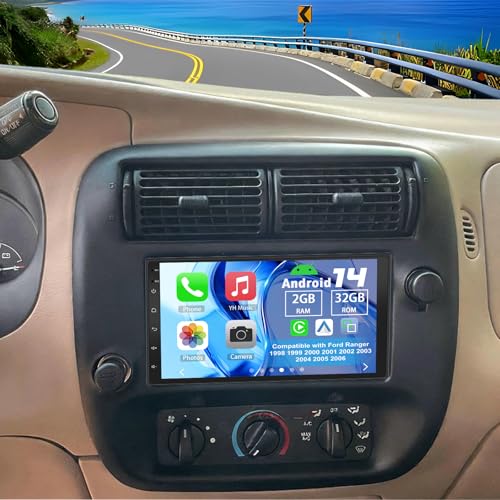 Slakerbe Android 14 Double Din Car Stereo Radio for Ford Ranger 1998-2006 2G+32G 7 Touchscreen Car Radio w/Wireless Carplay Android Auto GPS WiFi Bluetooth RDS DSP SWC Mic Backup Camera