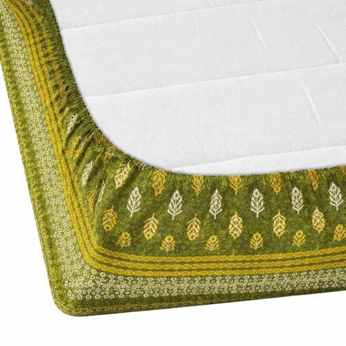 Image of RajasthaniKart Pure Cotton 144 TC Printed Single Bed Elastic Fitted Bedsheet with 1 Pillow Cover - All Around Elastic | 36 inchX72 inch, Fits Up to 6 inch Mattress | Green Booty