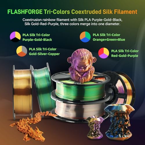 Image of FLASHFORGE Silk Tri-Color PLA Filament 1.75mm, Coextrusion Orange Green Blue Triple Color Rainbow 3D Printer Filament, Enchanting Silk Finish with 360 Multicolor Shifting Color Effect