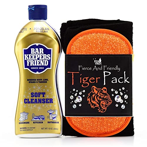Bar Keepers Friend Soft Cleanser, 13oz Bleach-Free Cookware Cleaner, With Fox Trot Tiger Pack Black Pro-Grade Microfiber Towel & Dual-Sided Sponge, For Cleaning Pots and Pans