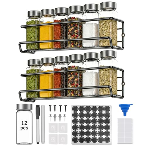 AHOMSEL Gewürzregal Mit 12 Gläsern & Etiketten, Kein Bohren Erforderlich, Hängend, Geeignet Für Wände & Schranktüren, Set Mit Flaschen & Aufklebern