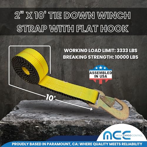 Image of Mega Cargo Control 2 inch x 10 FT Snap Hook Tie Down Winch Strap | Snap Hook Straps for Tow Dolly (4 - Pack)- Assembled in USA