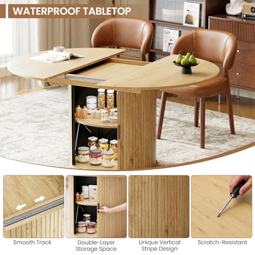 Image of MALOL 47 inch-63 inch Extendable Round to Oval Dining Table Chairs Set for 4-8, Modern Wooden Kitchen Table and Chairs with Hidden Storage and Fluted Design for Dining Room /Small Space(Natural Wood and Brown)