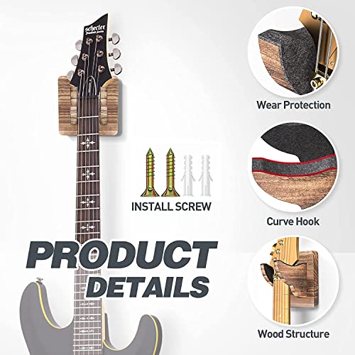 Image of Wooden Guitar Wall Mount Hanger - Wall Mounted Guitar Holder with Soft Padded Hooks - Wooden Guitar Stand for Acoustic, Electric, Bass & Ukulele - Space Saving Guitar Wall Hanger Rack