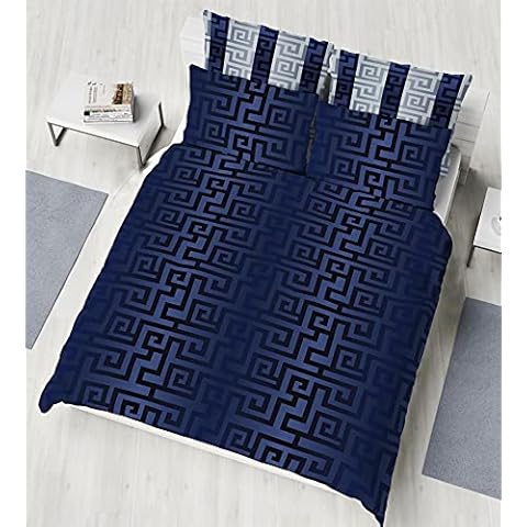 K Collection Athena Duvet Cover - Greek Meander Reversible Bedding Set - Greek Key Design - 100% Cotton - King Size - Navy/Silver Cover