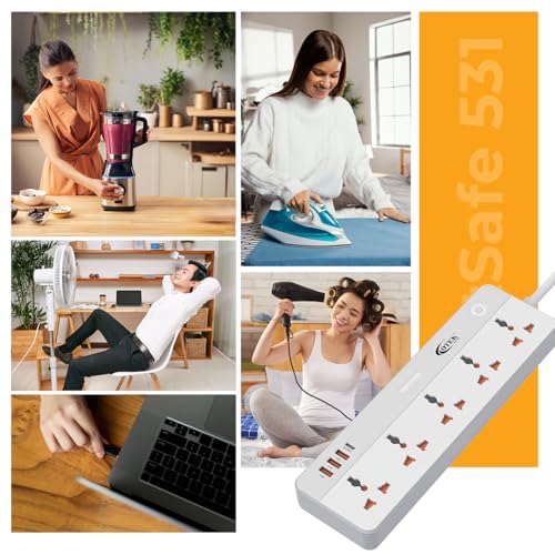 Image of OTEK Extension Board 5 Universal Sockets 3 USB Type A 1 Type C Port 2 Meter Cord 2500W 10A Surge Protector Fire Resistant ABS Body White for Home Office