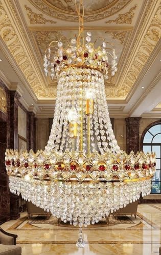 Image of ONFLOW AETERNA LUX Empire Crystal Chandelier with Ruby Red Accents - 32 inch Diameter x 45 inch Height - Elegant Gold Finish Hanging Ceiling Light for Living Room, Dining Hall, and Hotel Lobby (RED Eye)