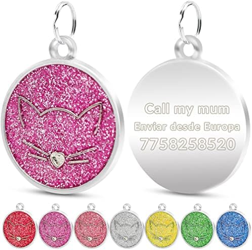 FUSIYU Cat Tags for Pets Engraved, Cat Id Tag Engraved, Pet Tag Engraving, Cat Id Tags, 25 x 25 mm Glitter Bling Pet Tag Engraved Cat, Zinc Alloy, Round, Rose Pink